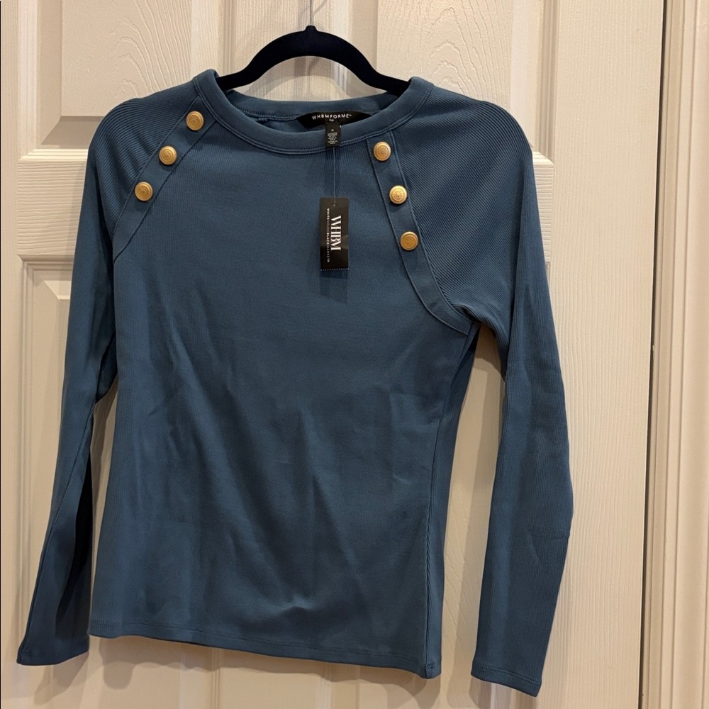 White House Black Market Blue Long Sleeve Top with Gold Buttons